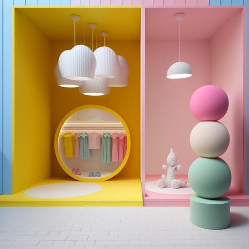 interior design, brand benetton, comercial local, kids clothes, double high, modern building, day light, spring colors, wallpaper, minimal style, funny lamps