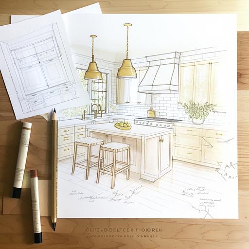 interior design hand drawn sketch of a kitchen, window centered over the sink, shaker style cabinets, pendant lighting over an island, white oak cabinets, white oak floors, gold cabinet hardware, gold faucet, white subway tile backsplash