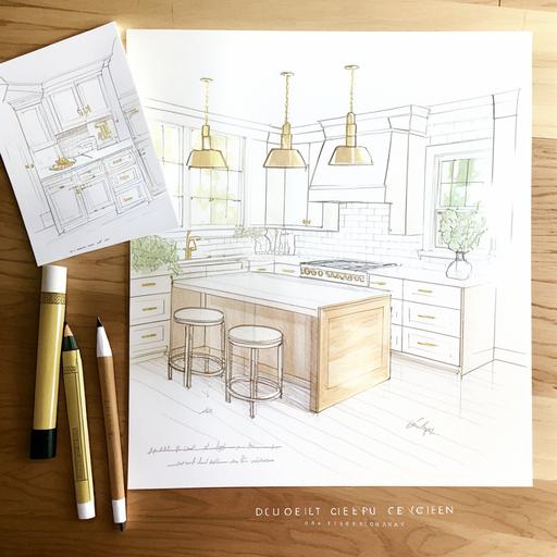 interior design hand drawn sketch of a kitchen, window centered over the sink, shaker style cabinets, pendant lighting over an island, white oak cabinets, white oak floors, gold cabinet hardware, gold faucet, white subway tile backsplash