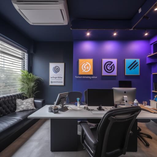 interior design of office for neonsign board design studio,quirky and fun, dark blue,sky blue,lavender and black color story --style raw --s 50