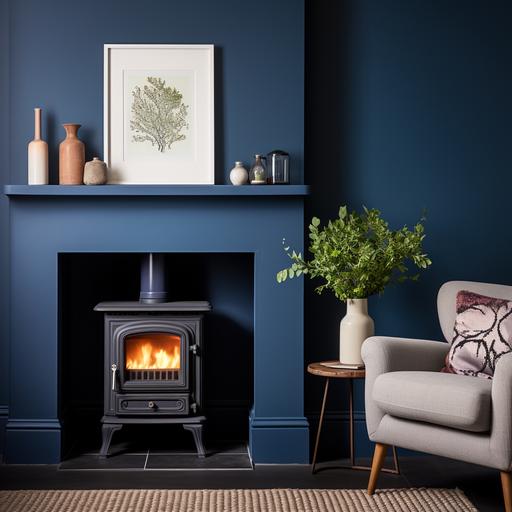 interior design photography of a woodburning stove in an alcove, the alcove and wall are light, painted #CFCEC0, with a navy blue fireplace surround in #2c3437