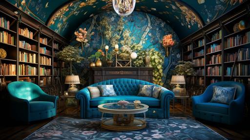 interior design, solarpunk living room filled with bookshelves and a fireplace, blue pigeon walls and floral wallpapers, arts in frames, in the style of alphonse mucha --ar 16:9