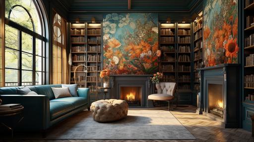 interior design, solarpunk living room filled with bookshelves and a fireplace, blue pigeon walls and floral wallpapers, arts in frames, in the style of alphonse mucha --ar 16:9