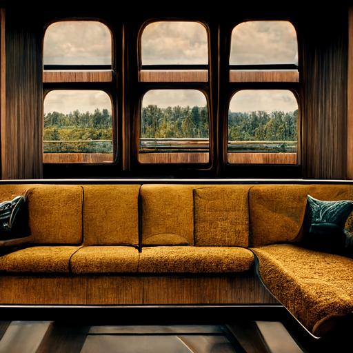 interior design train carrage, classy, 1960's, square window, realistic 4k