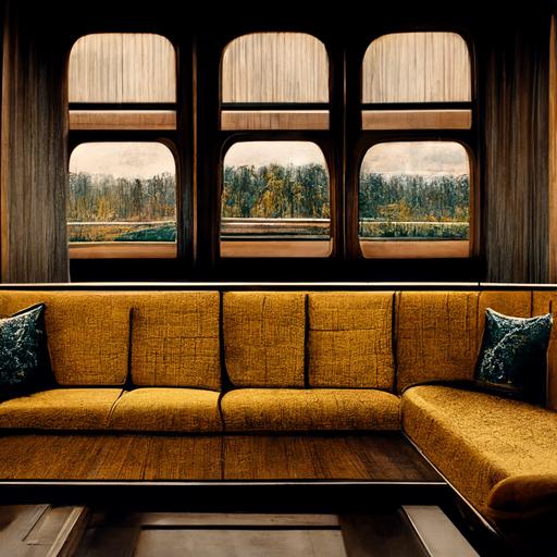 interior design train carrage, classy, 1960's, square window, realistic 4k
