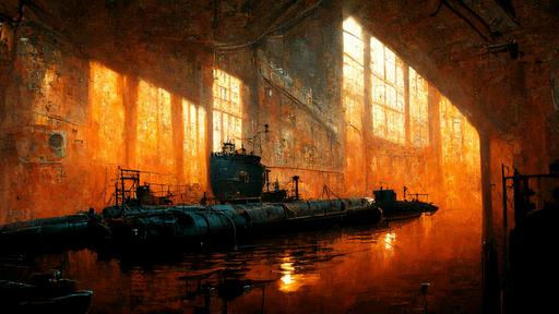 interior environment, low camera shot at water level, Old Russian submarine warehouse, hangar door cracked open, heavy orange light coming from screen left windows, warm lights and cool shadows, derelict submarine, painted by Craig Mullins and Richard Schmidt --ar 16:9