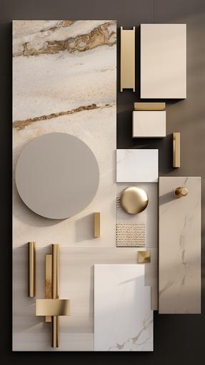 interior moodboard on flat surfce, neural colors, beige linen fabric, white linen fabric, brown marble, limestone tile, square mirror with gold frame, brass faucet, frosted glass, black leather, dark ebony wood, white ceramic, mahogany wood, photoreealistic, ultra HD, HD, high definition, warm light daylight image, --ar 9:16