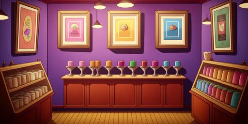 interior of a candy shop in the style of a cartoon with square picture frames on the wall, --ar 2:1