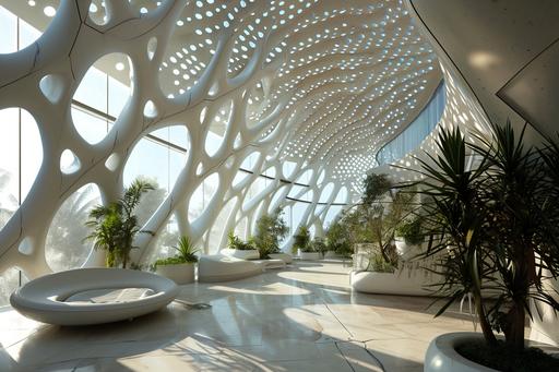 interior of a futuristic white rattan building::10 sky through spiral windows::4 delicate, metal and plastic::6 --ar 3:2 --v 6.0