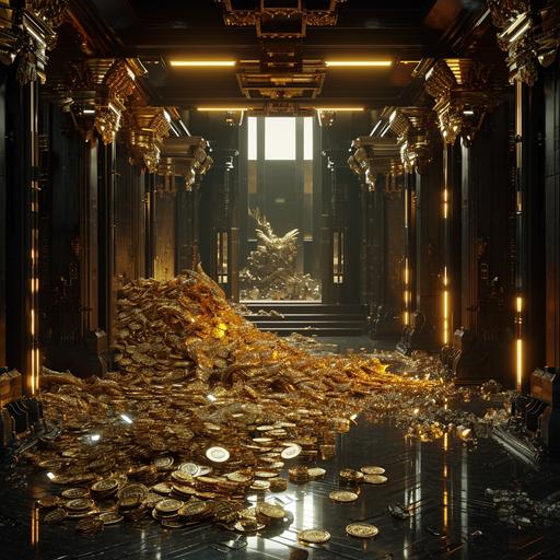 interior of a hollow prestige office building designed to make the dragon CEO look important. corporatepunk, extremely luxurious and opulent office building interior, a massive pile of gold coins and treasure, shining sparkling glowing, light and reflections, blingcore limopunk dracopunk dragoncore --s 75 --v 6.0