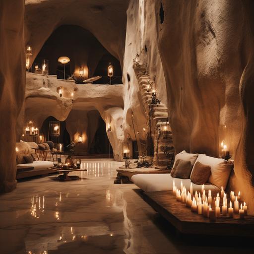 interior of a hotel with white stucco walls carved into a large underground cavern, arch-based architecture, lots of candles and fountains, desert vibe, old-feeling, dark, mysterious, romantic
