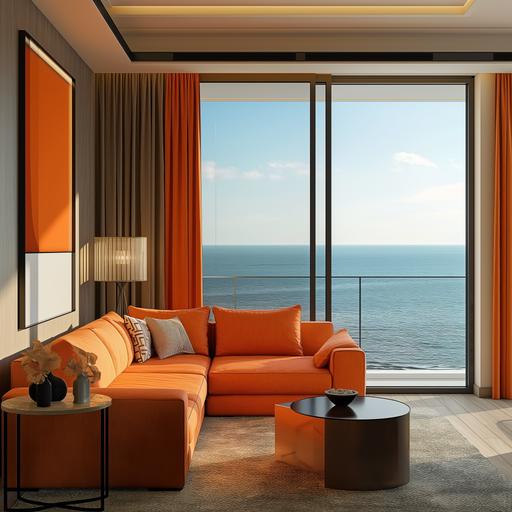 interior of a living room with orange couch, in a corporate style with a view towards the sea --v 6.0
