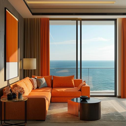 interior of a living room with orange couch, in a corporate style with a view towards the sea