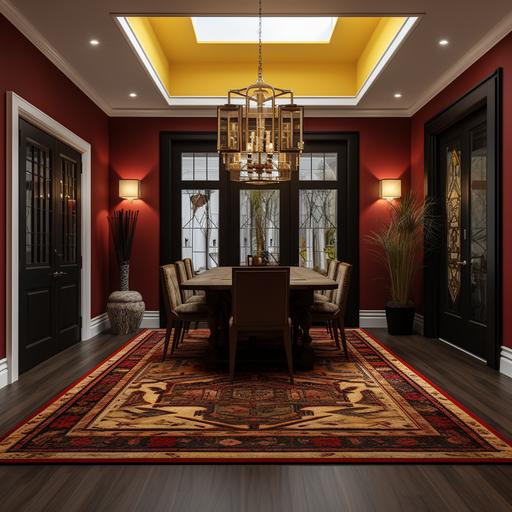 interior of a modern English style house Dinning room using McDonald’s color palet with yellow and gold accents and red and dark red color decors gold door handles gold chadeliers Red Persian carpets dark wood floors