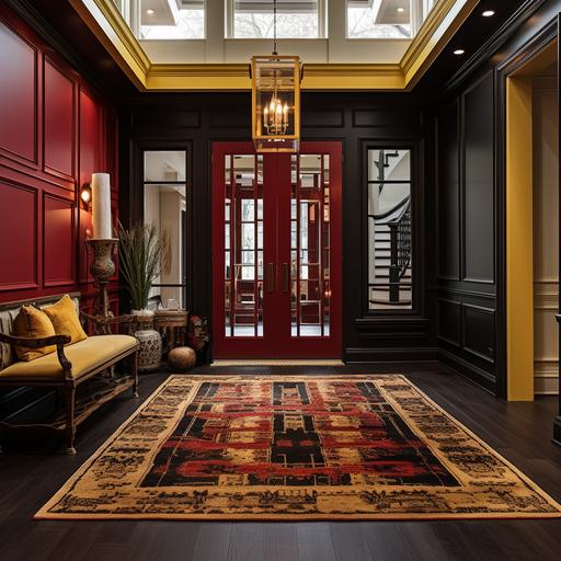 interior of a modern English style house using McDonald’s color palet with yellow and gold accents and red and dark red color decors gold door handles gold chadeliers Red Persian carpets dark wood floors