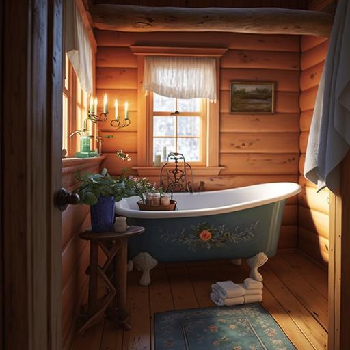 interior of a swedish bathroom, cabin house, blue cast iron tub with scandinavian floral paintings, light pine, no toilet, blue paint and light pine, scandinavian floral paintings, intricate embroidery, soft towels, several candles, rustic, cozy, warm, romantic, intimate, snow outside the window, fantasy, d&d --v 4
