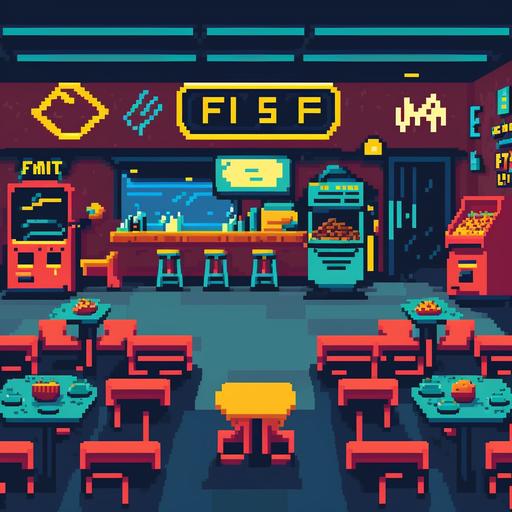 interior of fasf food, mc donalds logo, pac man game, pixel art, 8bit, eating burgers, tables and chairs, counter