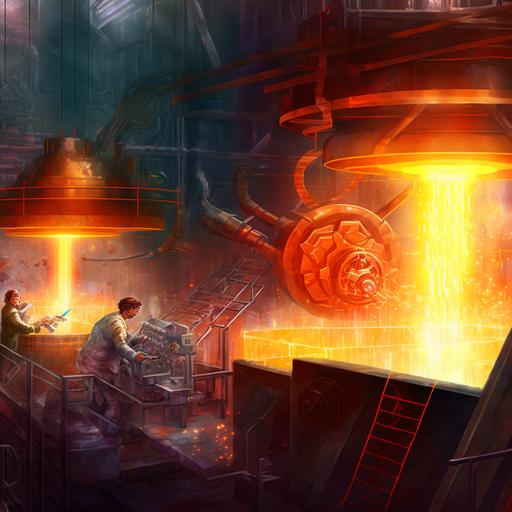 interior of the Fusion Forge, blackmetalclad fusion workers shoveling nuggets of incandescent tritium into high pressure chambers to active energy mass conversion --v 4