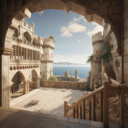 interior perspective of the castle courtyard. the parapet walls are low. the sea can be seen in the background
