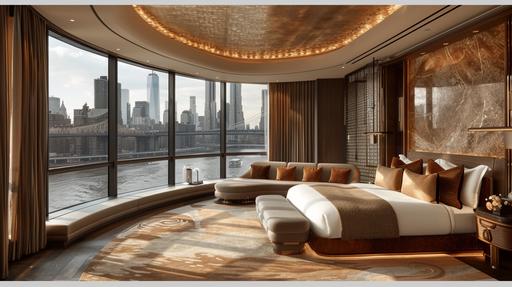 interior photo of luxury hotel suite with curved walls, new york city river view, balcony with seating --sref  --sw 50 --ar 16:9 --s 1000 --style raw