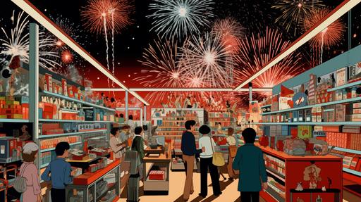 interior shot of people shopping in a retail fireworks store, 1970s cartoon style, multiplane --ar 16:9