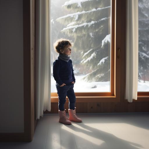 sunny interior, snowy landscape behind windows, American boy in kindergarten, natural pose, navy blue sweatshirt, denim jeans, full body shot --v 5.0