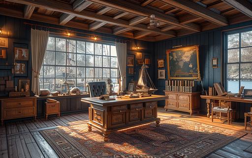 interior view of the admiral's day cabin aboard the HMS Victory. transparent details, colorized, photorealistic, highly detailed, transparent parts, looks like professional hdr photography in fashion magazine, editorial photography, global illumination, moody lighting, post-processing, glowing shadows, chromatic aberration, black and white balance, scattering, beautiful cinematic lighting, lumen reflections, post-production, tone mapping, shaders, diffraction grading 3d, octane render, detailed, hyperrealistic, 8k --chaos 5 --ar 8:5 --stylize 750 --v 6.0