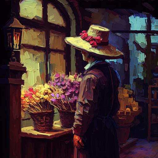 internal view of an Art Nouveau flower shop, the florist has a straw hat and is holding a buque of purple and red flowers. oil paint, vincent van gogh