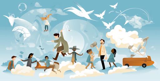 international migrants day logo, in the style of sky-blue and brown, whimsical cartoonish scenes, american barbizon school, dimitra milan, light gray and white, travel, bright, bold colors --ar 39:20