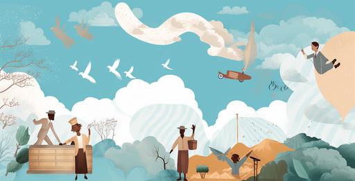 international migrants day logo, in the style of sky-blue and brown, whimsical cartoonish scenes, american barbizon school, dimitra milan, light gray and white, travel, bright, bold colors --ar 39:20