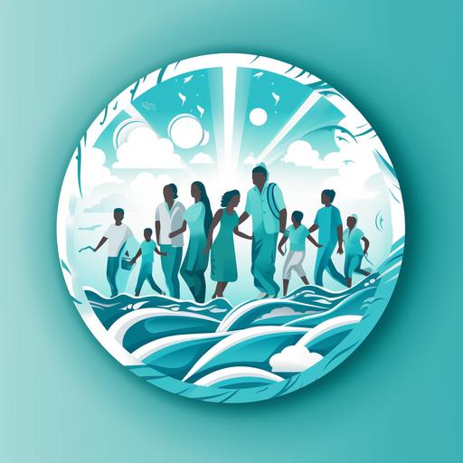 international migrants day logo with people around the earth, in the style of political illustration, gray and emerald, diorama, made of wrought iron, use of bright colors, sky-blue and white, exaggerated proportions