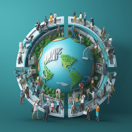 international migrants day logo with people around the earth, in the style of political illustration, gray and emerald, diorama, made of wrought iron, use of bright colors, sky-blue and white, exaggerated proportions