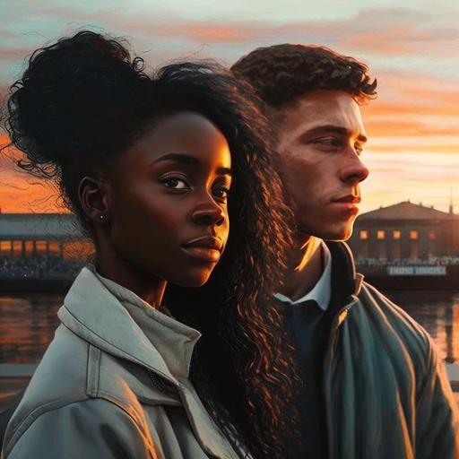 interracial ebony couple with white British man stood in Liverpool docks sunset