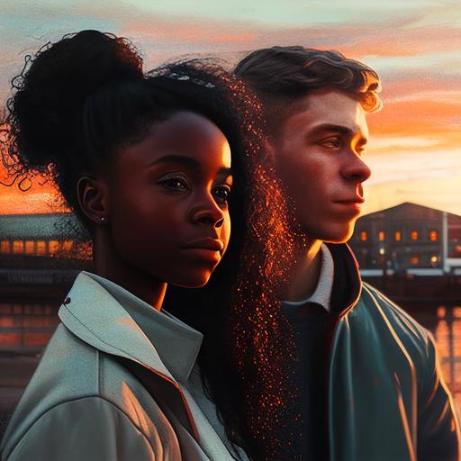 interracial ebony couple with white British man stood in Liverpool docks sunset