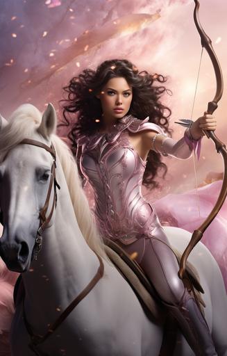 interstellar fantasy female centaur half horse with medium length black hair brown eyes pink lips bow and arrow different colors and brightness realistic photo full body --ar 9:14