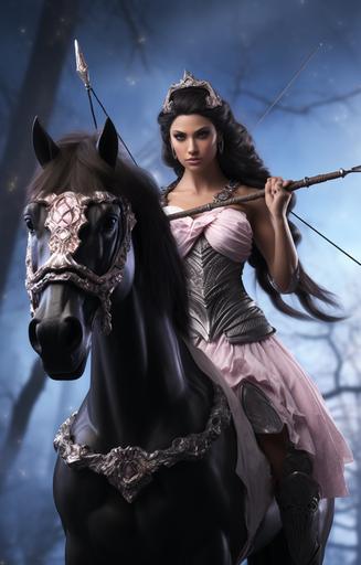 interstellar fantasy female centaur half horse with medium length black hair brown eyes pink lips bow and arrow different colors and brightness realistic photo full body --ar 9:14