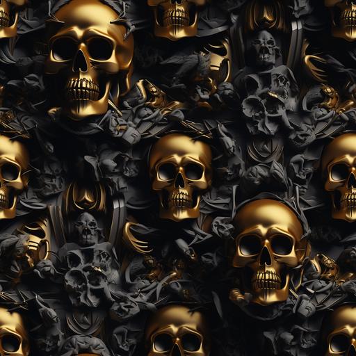 intricate 3D render black and gold, skulls and bones --tile --v 5.2