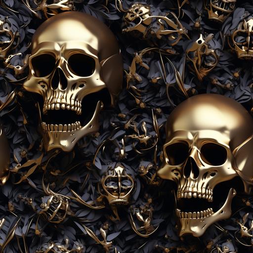 intricate 3D render black and gold, skulls and bones --tile --v 5.2