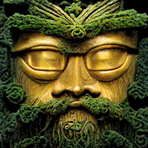 intricate fine detail ancient serious chinese god face carved in deep dark green mossy stone with deep vines growing to represent features with golden glasses decorated with sacred symbols with powerful golden energy aura and epic beard
