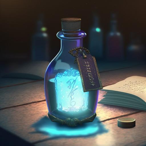 intricate glowing potion bottle with blank label on table next to shut off computer, artstation, game art, cinematic, high quality, in depth --v 4 --q 2
