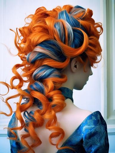 intricate orange and blue victorian hairstyle, hair accessories, hairspray --ar 3:4