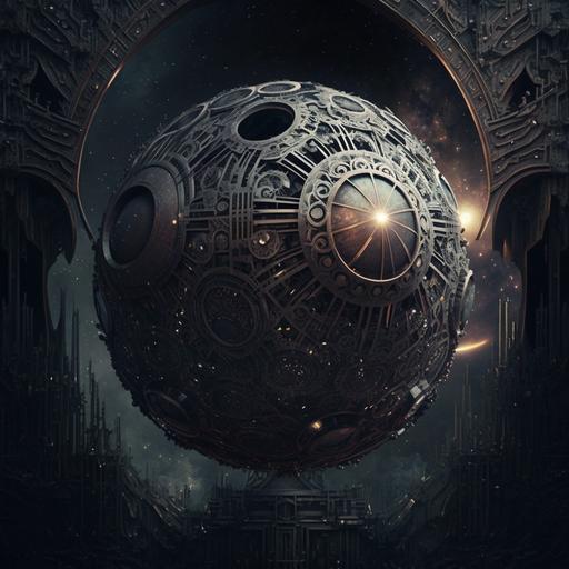 intricate ornate steampunk hydraulic-cybernetic Death Star under construction in outer space, astral backdrop, cinematic film scene establishing shot, ominous::1.5 --no model, toy, miniature