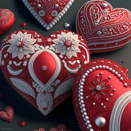 intricately embroidered valentines hearts , red velvet with white stitching, red satin , red ribbons , white lace , beads , pearls , tiny buttons , ribbon work , 16k , elegant , silver threads , hd , 3d octane render , mucha --v 4 --v 4