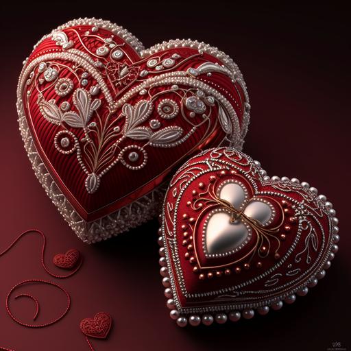 intricately embroidered valentines hearts , red velvet with white stitching, red satin , red ribbons , white lace , beads , pearls , tiny buttons , ribbon work , 16k , elegant , silver threads , hd , 3d octane render , mucha --v 4 --v 4