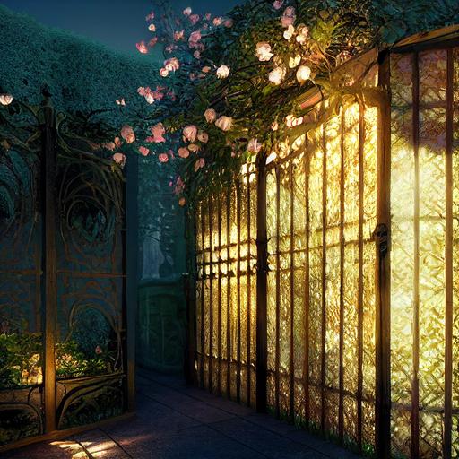 intricately woven arbor covered in glowing night roses in center of manicured garden , enclosed by walled fence , with wroght iron gate , one mans treasure , inner glow , eerie light , volumetric lighting , insanely detailed and hyper realistic, super detailed, photography, octane render , HD , fantasy , 32k --seed 1026 --test --creative