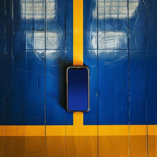 iphone on an indoor blue and gold basketball court, phone screen up, product photography, cinematic, realistic, top view
