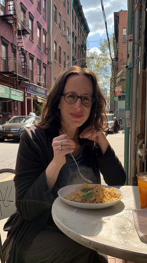 iphone photo of maggie haberman eating a plate of pilaf at a streetside cafe, brooklyn backdrop, no filter, --ar 9:16 --style raw --cref  --cw 30