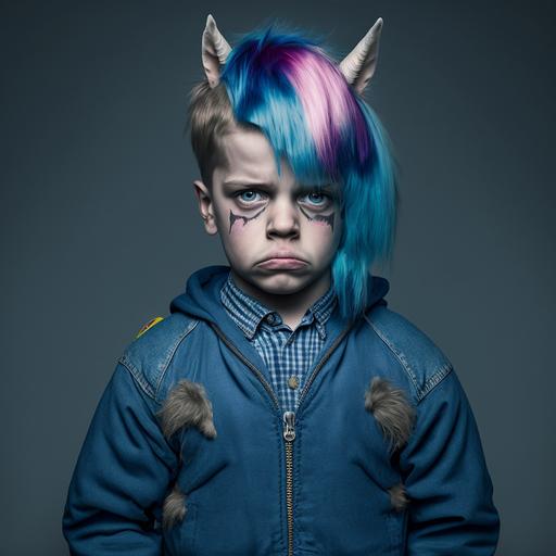 irate 5 year old boy wearing a my little pony head --q 2