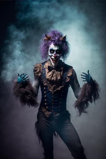 irate Norweigan Forest Cat, creepy clown makeup, [irisis, violets, lilacs, lillies], [smoke, mist, fog], dancing, dynamic poses, [fashion photography, soft studio lighting, backlighting, cinematic color-graded, stage makeup], [horror, terror, fear, creepy, weird, bizarre, spooky, fantasy] --ar 2:3