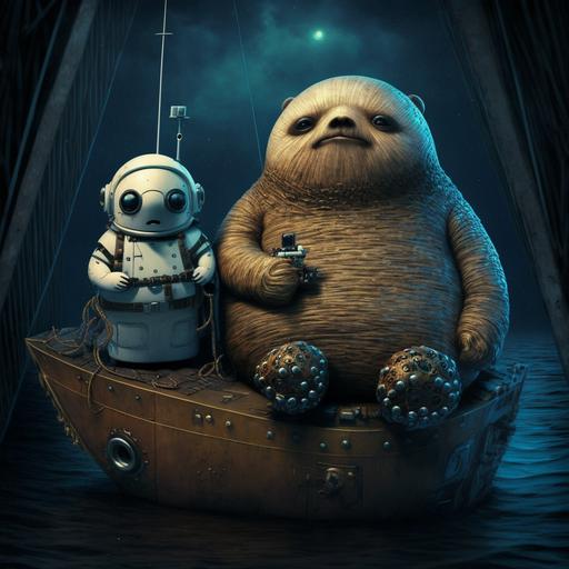 irate robot and fat sloth sitting on a dark metal sailboat --v 4